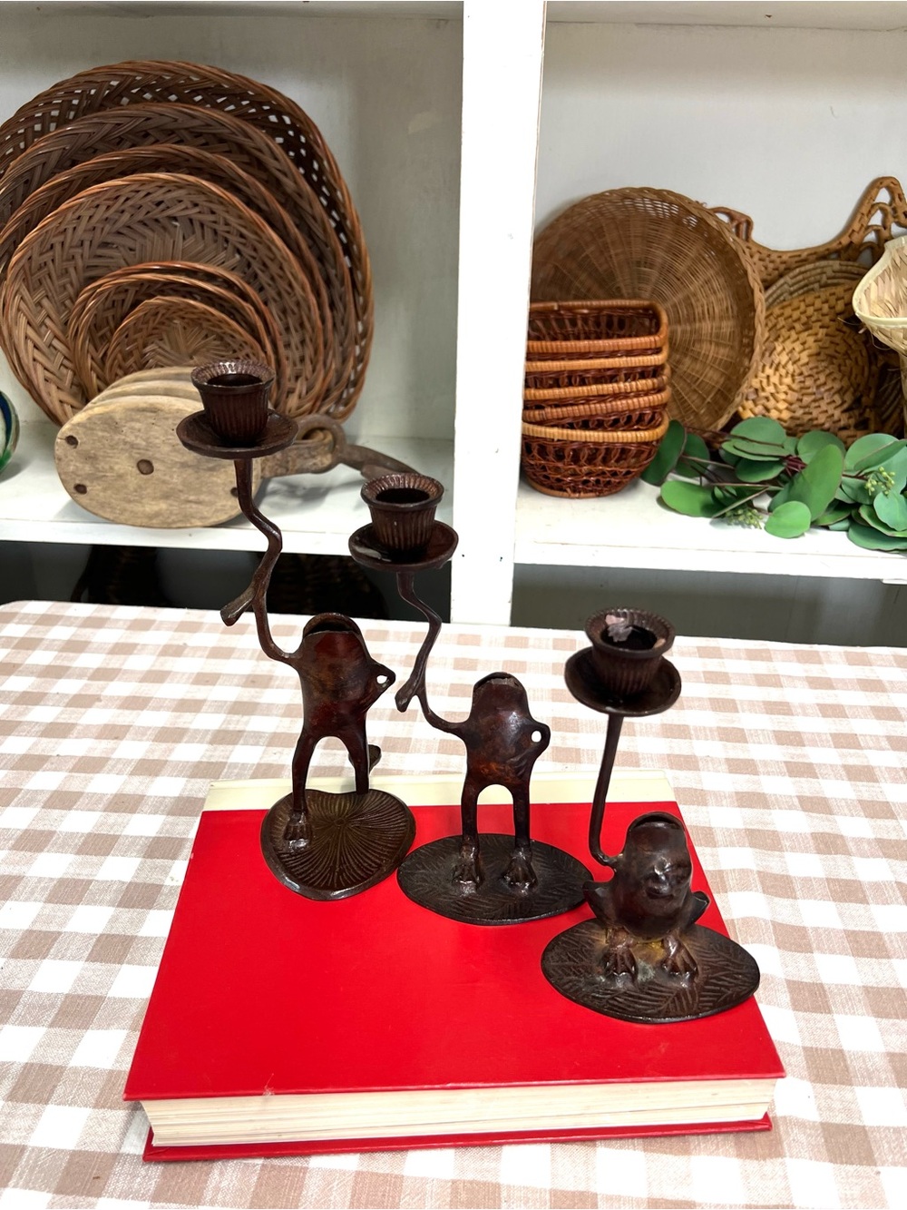 Frog candle stick holders metal toad decor lake house